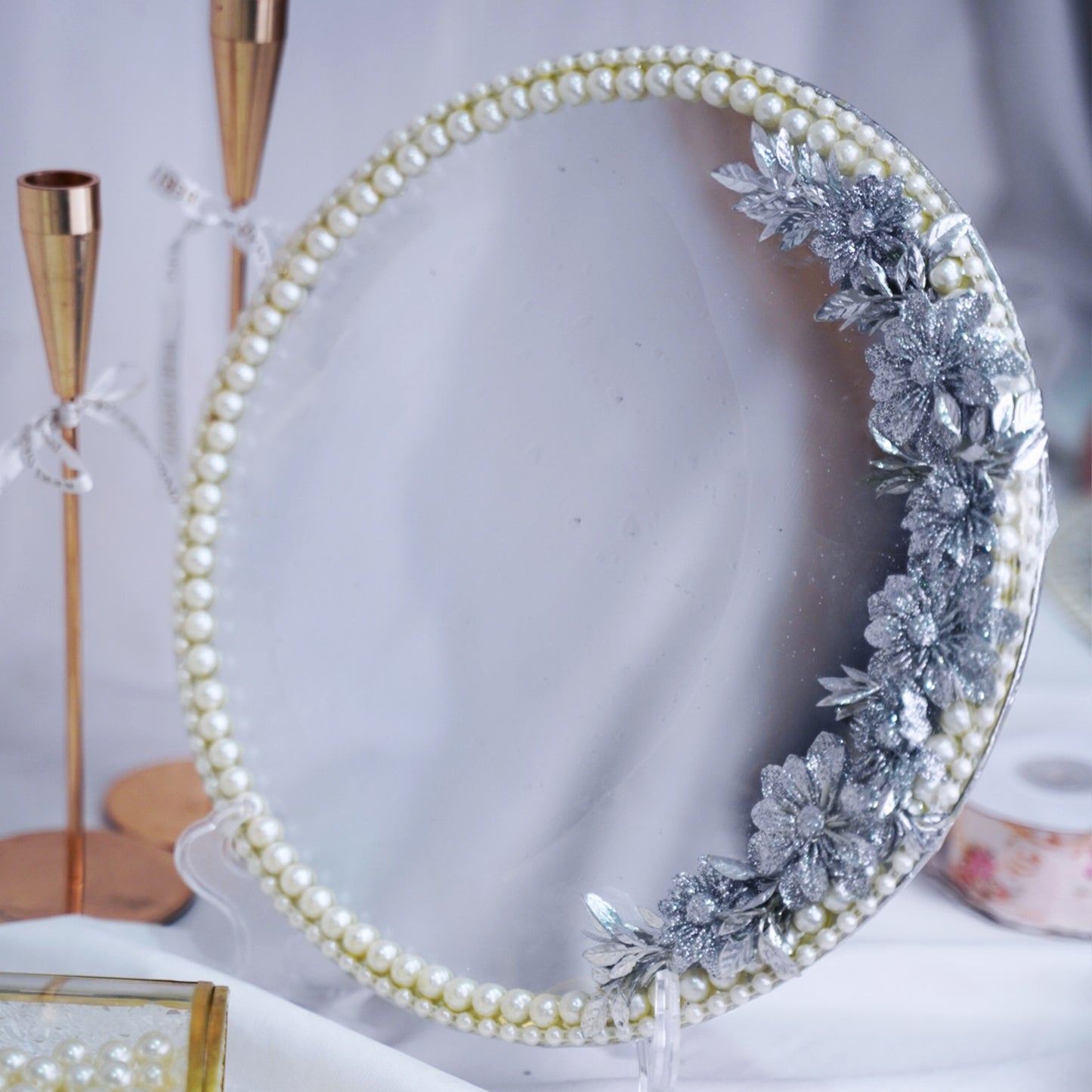 Silver Bloom Pearl Bridal Mirror Tray