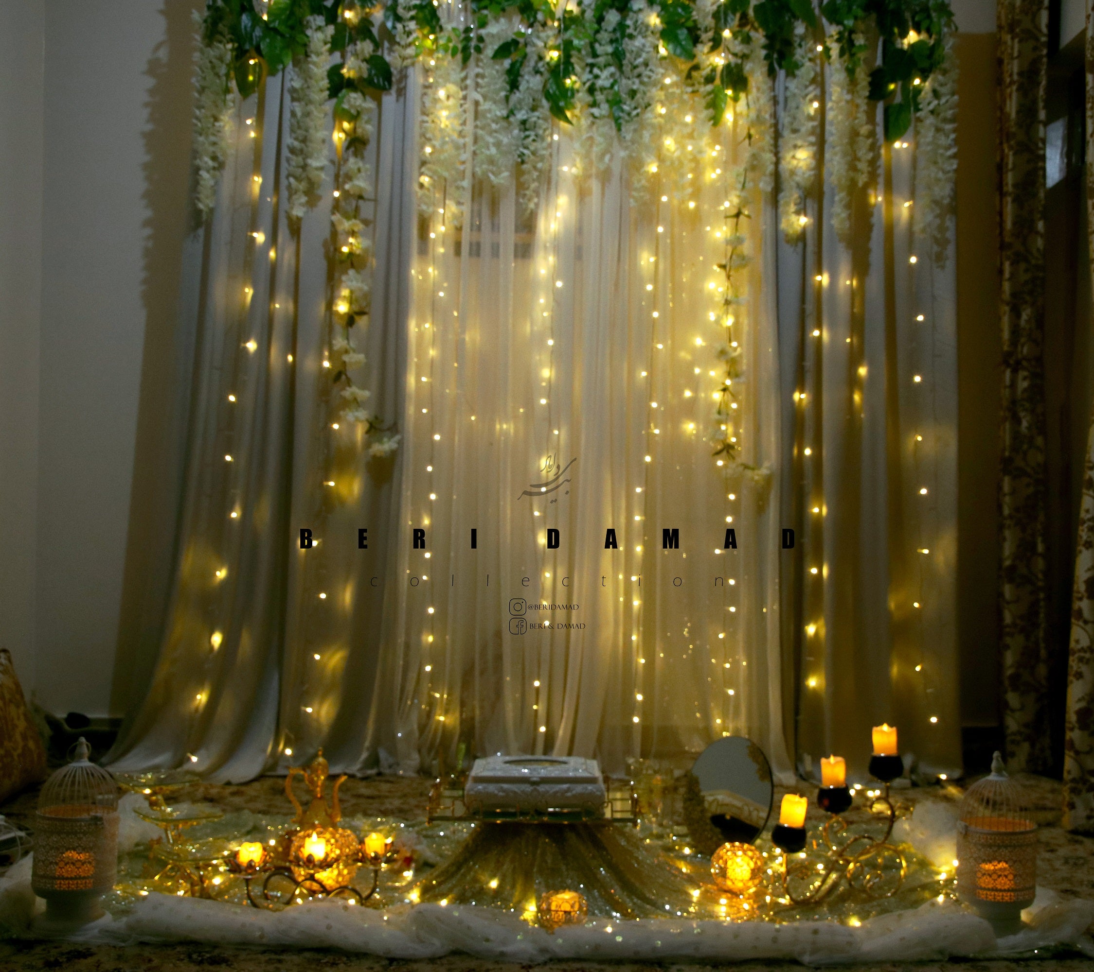 Enchanting Nikah decoration in a floral setting, illuminated by warm fairy lights, adorned with the Quran, and enhanced with tasteful decorative elements, creating a truly magical atmosphere.