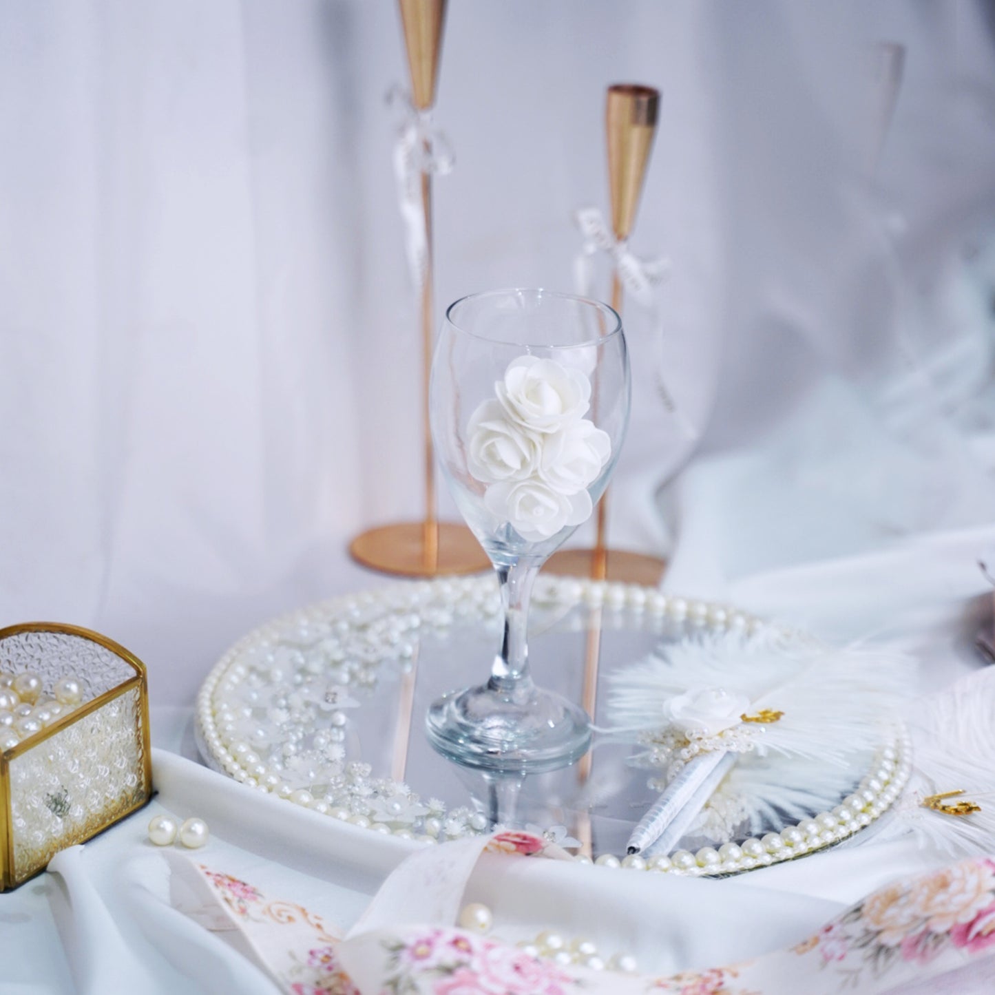 Graceful Dhood Pilai Glass with White Rose Accents