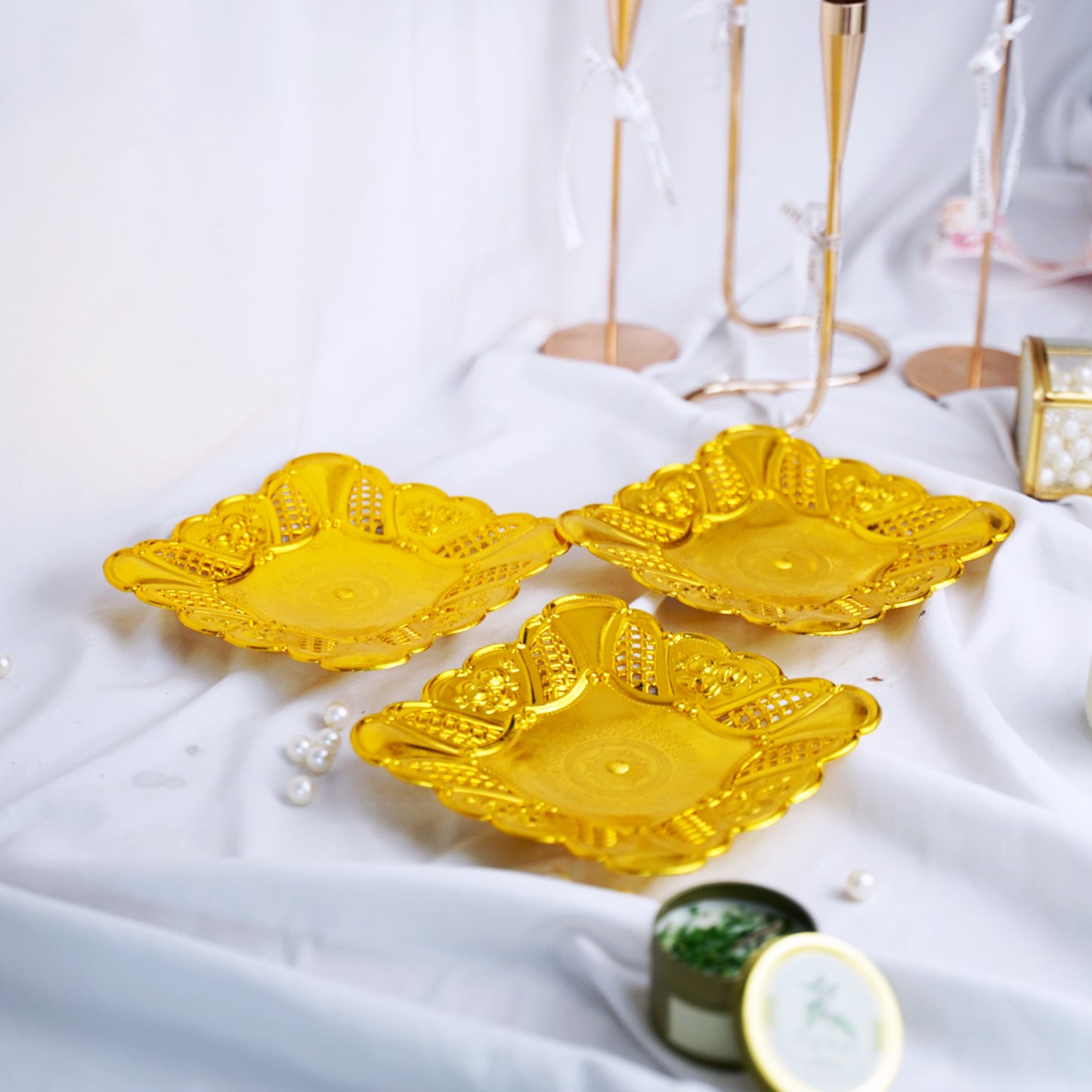 Elegant Golden Mehndi Plates – Set of 3