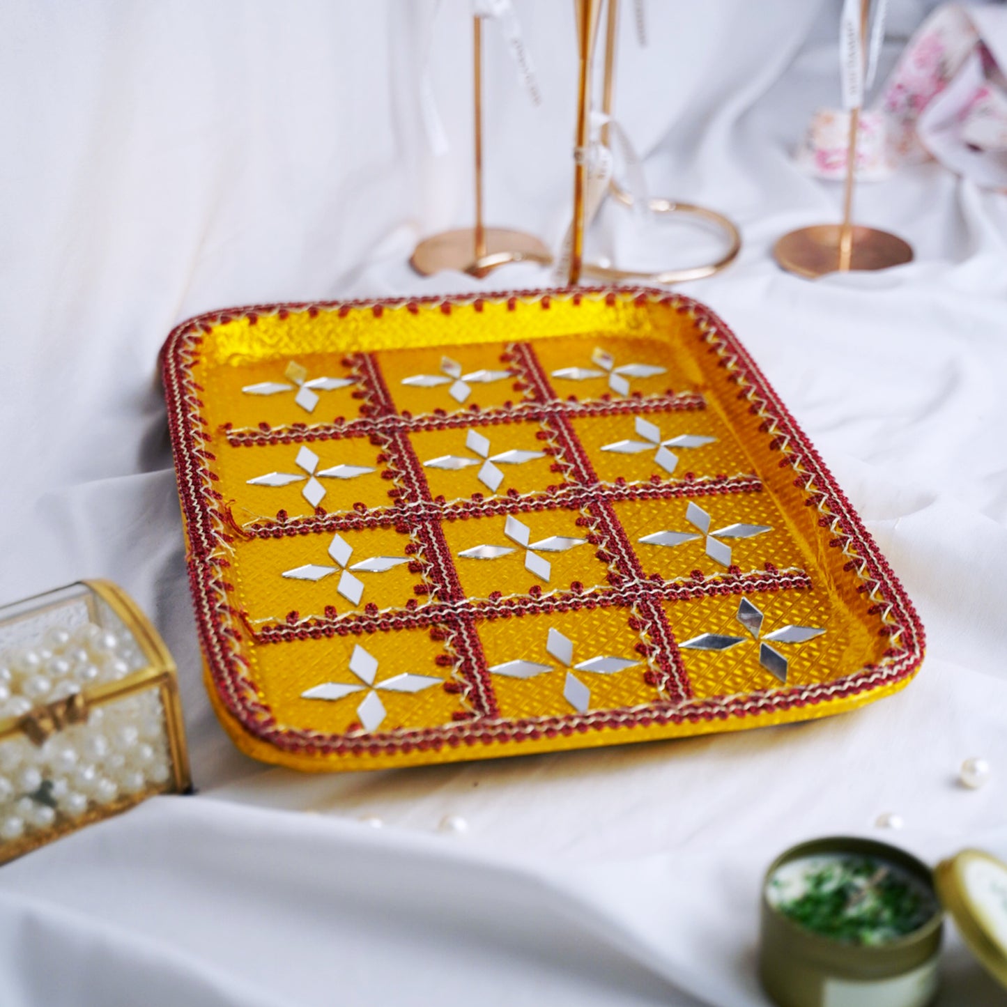 Traditional Mehndi Plate with Mirror and Thread Work