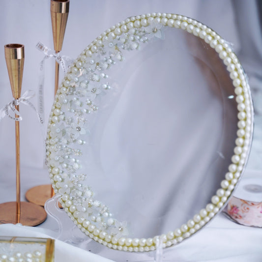 Elegant Pearl-Embellished Bridal Mirror Tray
