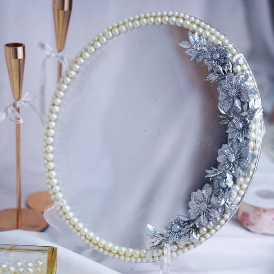 Silver Bloom Pearl Bridal Mirror Tray
