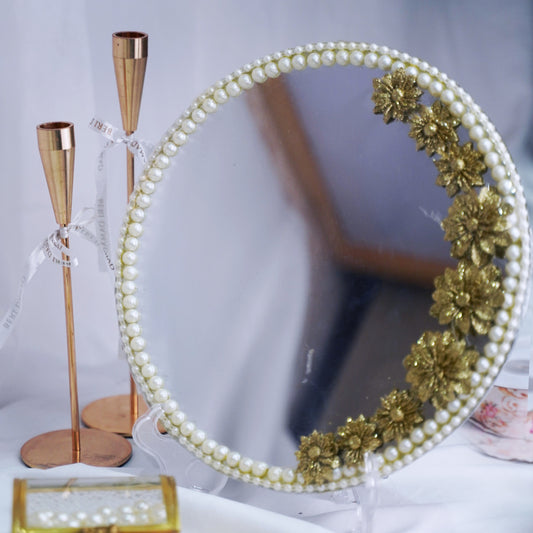 Golden Blossom Pearl Bridal Mirror Tray