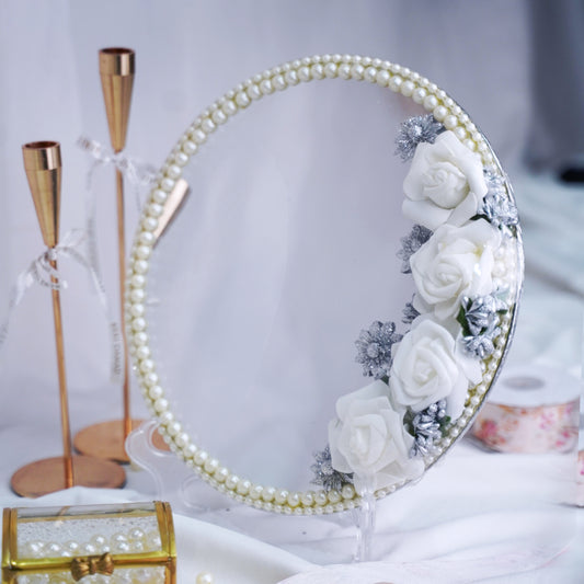 White Rose & Silver Pearl Bridal Mirror Tray