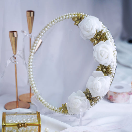 White Rose & Gold Pearl Bridal Mirror Tray