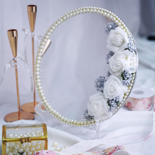 Silver Dust White Rose Bridal Mirror Tray