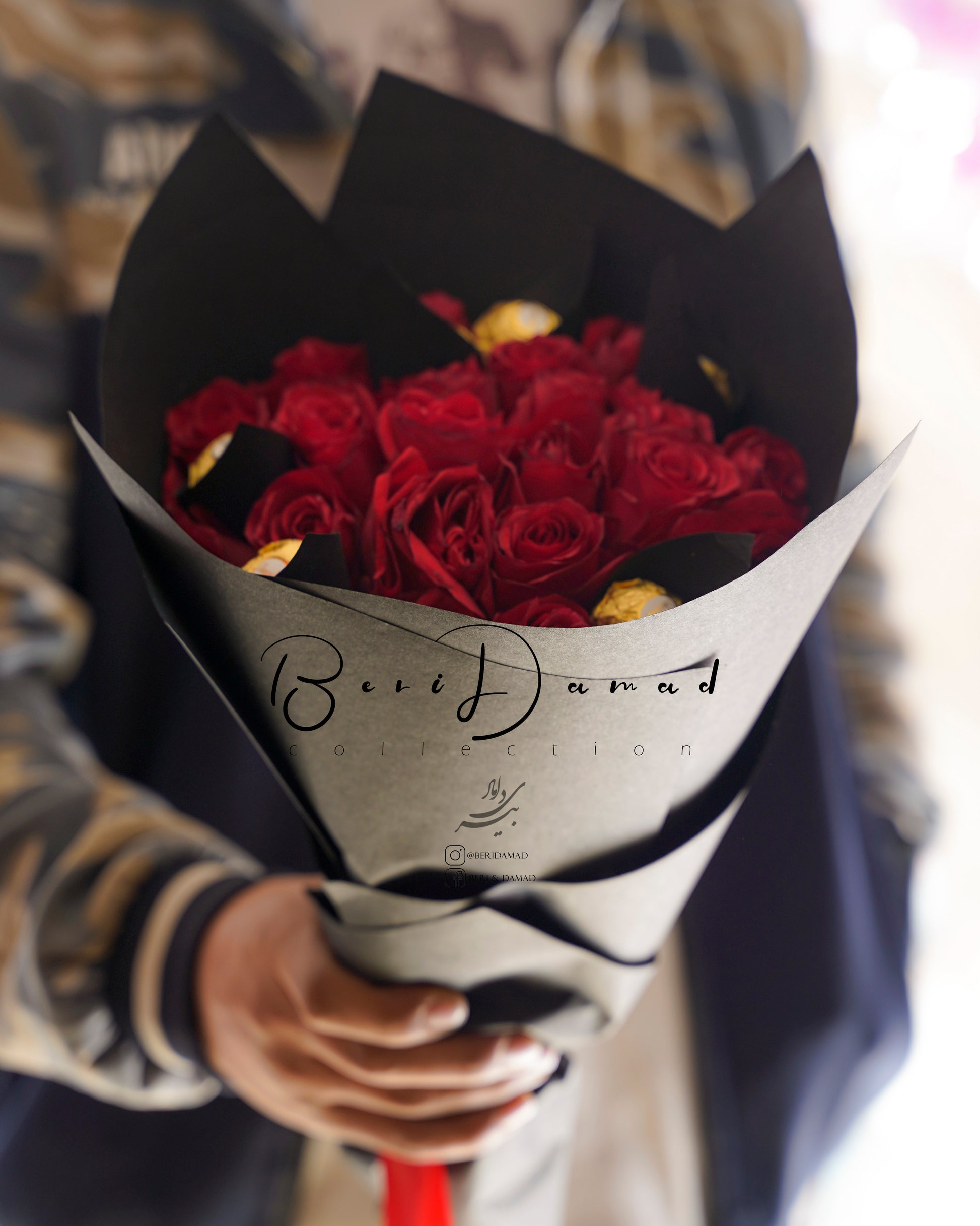 An exquisite bouquet adorned with deep red flowers, radiating timeless elegance and beauty.